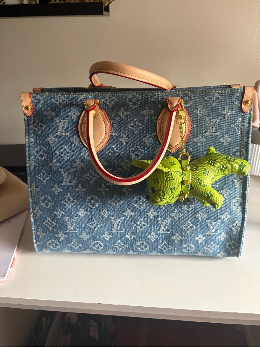 Louis Vuitton Denim OnTheGo Tote in Blue with Neon Green Charm dupe